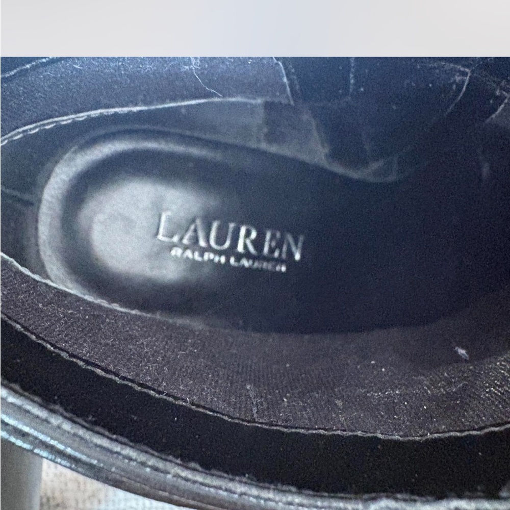 Lauren Ralph Lauren Black Leather Ankle Boots Block Heel Logo Strap Booties 7.5 - Picture 5 of 7